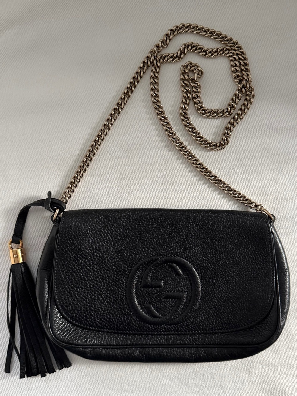 Gucci Soho Black Pebbled Leather Crossbody with Gold Chain & Tassel